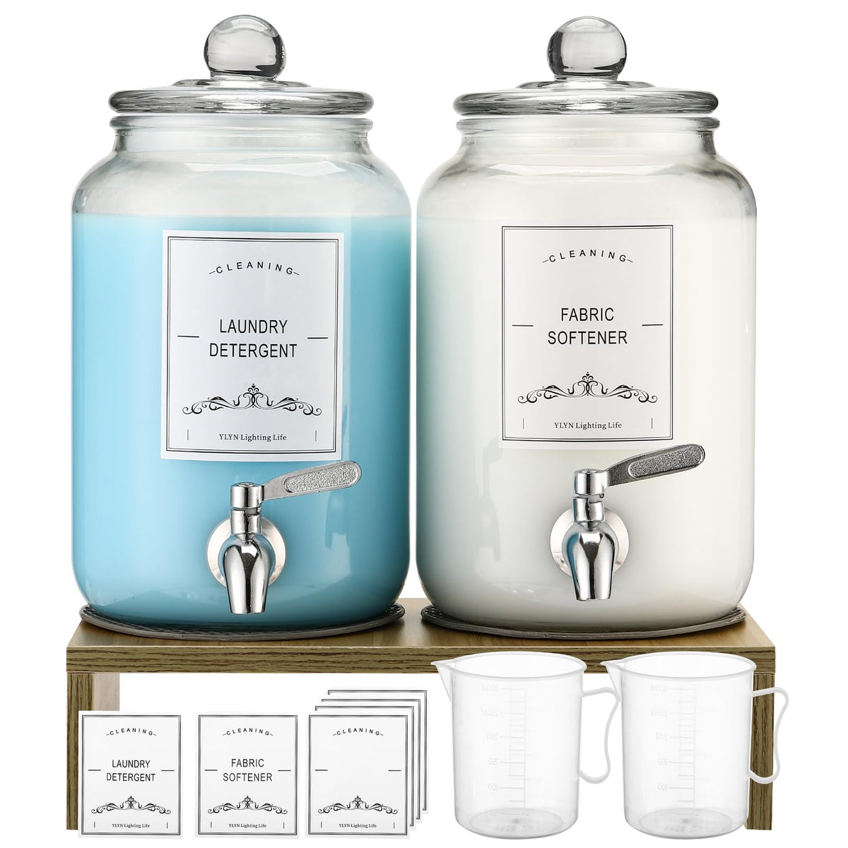 CYYKDA 2 pack glass laundry dispensers with stand for organized pouring and storage