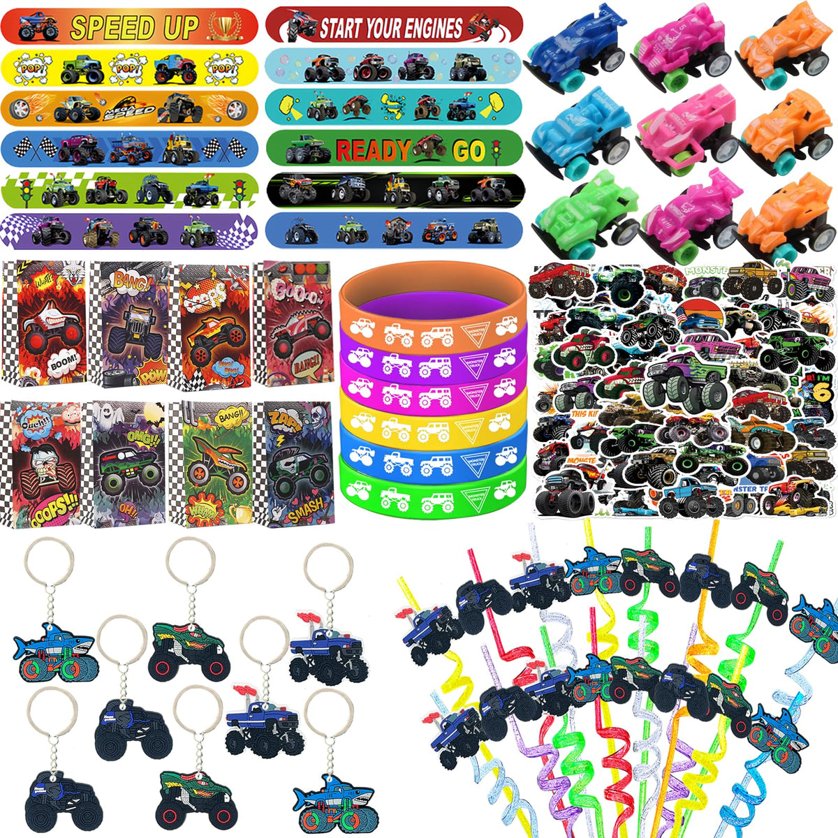 CZWXOXO monster truck slap bracelets in bright colors for party favors.