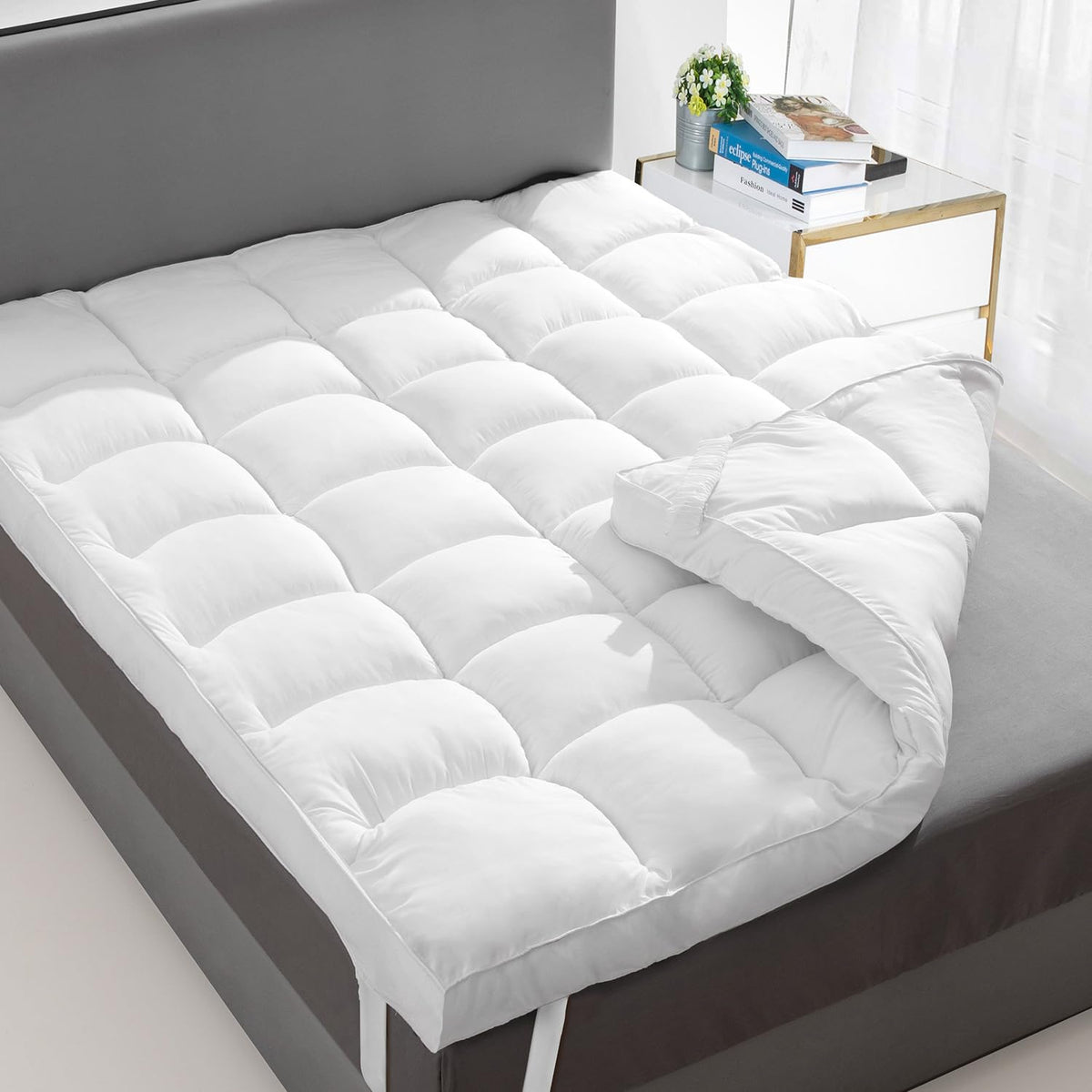 D & G The Duck and Goose Co extra thick topper on a queen bed for cloud-like comfort