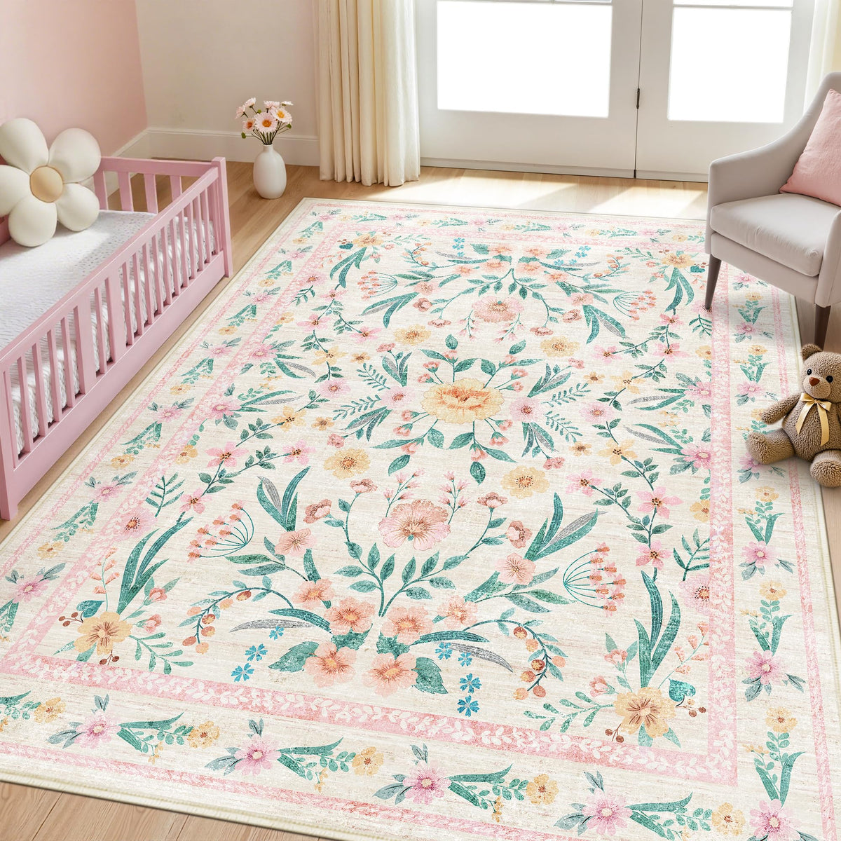 Dadasgk 5x7 pink floral nursery rug with plush faux wool for cozy nurseries.
