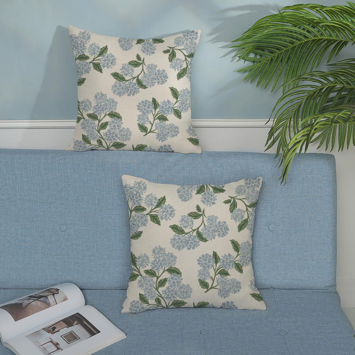 Close-up of vibrant hydrangea print on the DAFENA pillow cover