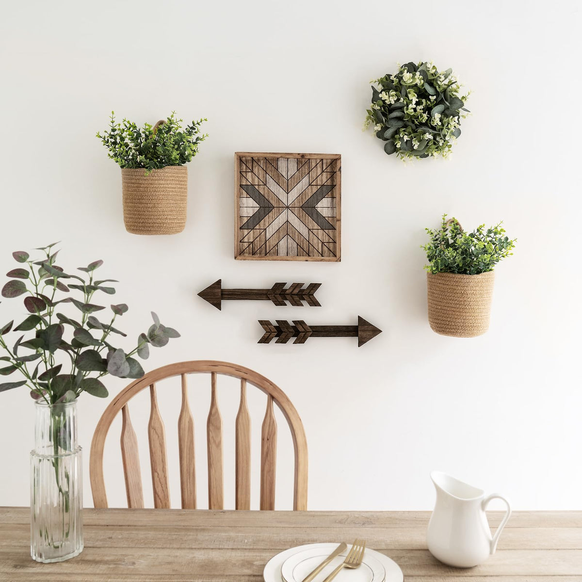 Dahey artificial eucalyptus accents on a jute basket for easy greenery.