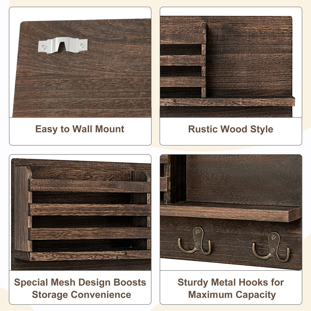 Dahey four double hooks hold keys, wallets, and leashes within reach.