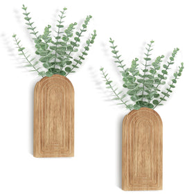 Dahey wood wall vase with eucalyptus closeup showcasing natural texture and realistic leaves.