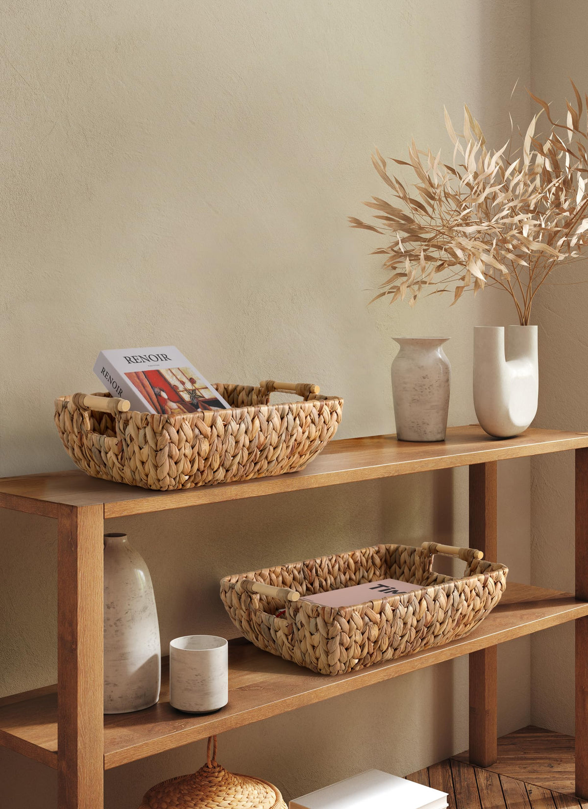DAICOLAD basket weaving detail with wooden handles, durable storage for toiletries.
