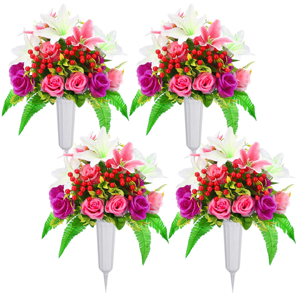 Daifunli four-sets artificial cemetery flowers with vase, front view for memorial decoration.