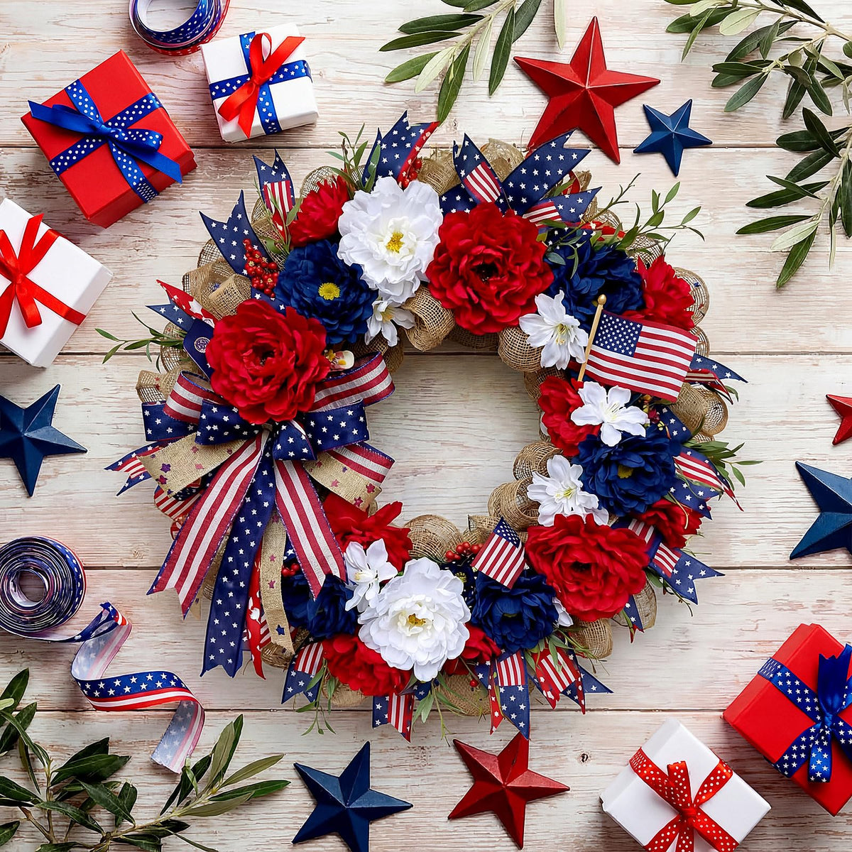 Daifunli Independence Day wreath makes a thoughtful patriotic gift or seasonal accent.