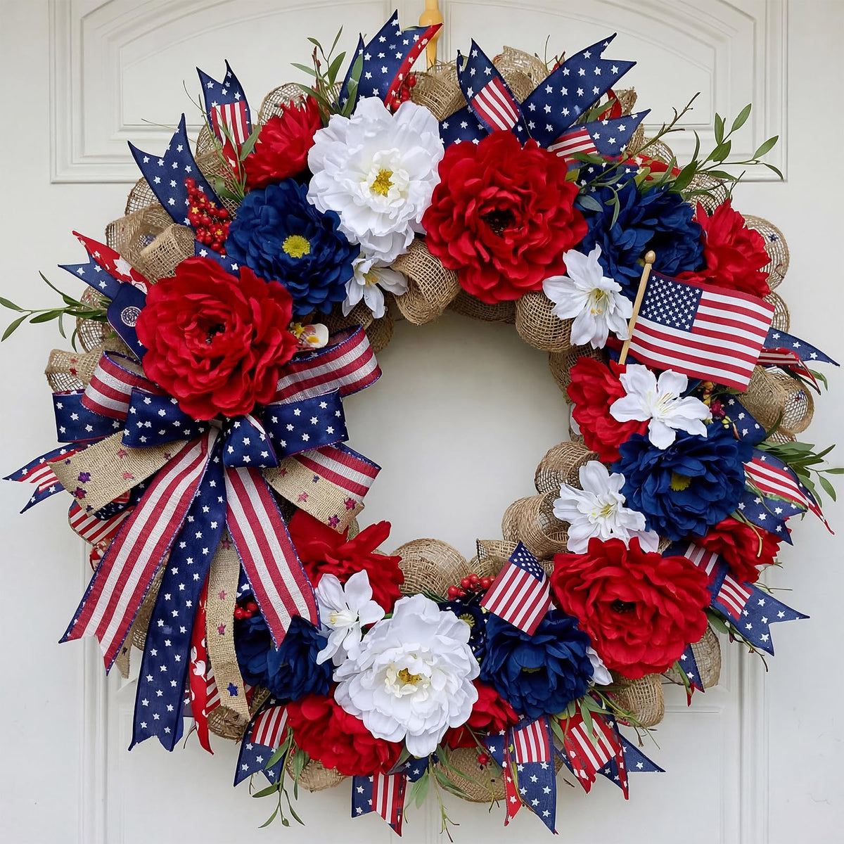 Daifunli patriotic wreath on front door with 16 inch size and bold red, white, blue accents.