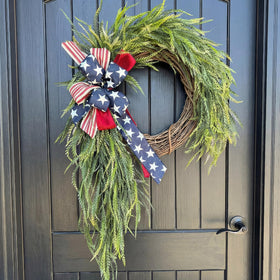 Daifunli Patriotic Wreath on front door boosts curb appeal for Independence Day.
