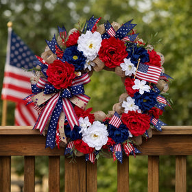 Daifunli patriotic wreath hung on porch for welcoming curb appeal.