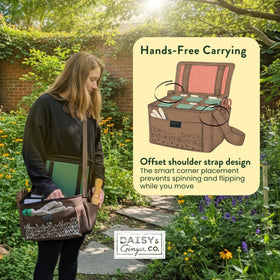 Daisy and Ginger seed storage tote bag includes 12 reusable tabs for organizing seeds.