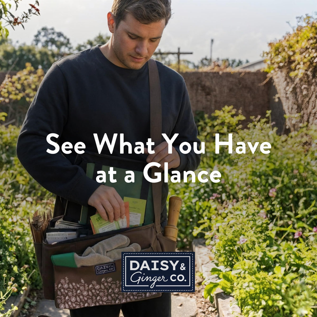 Daisy and Ginger seed storage tote bag compact dimensions fit a bench or shelf.