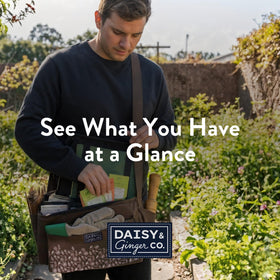 Daisy and Ginger seed storage tote bag compact dimensions fit a bench or shelf.