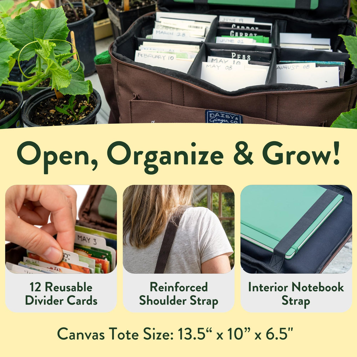 Daisy and Ginger seed storage tote bag with comfortable shoulder strap for portability.