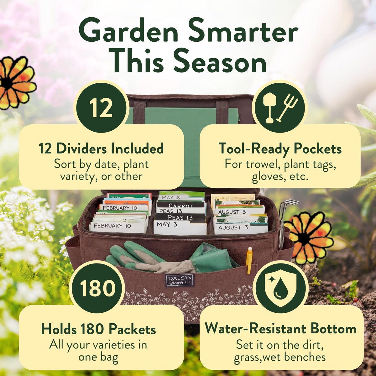 Daisy and Ginger seed storage tote bag side pockets for tools and labels.