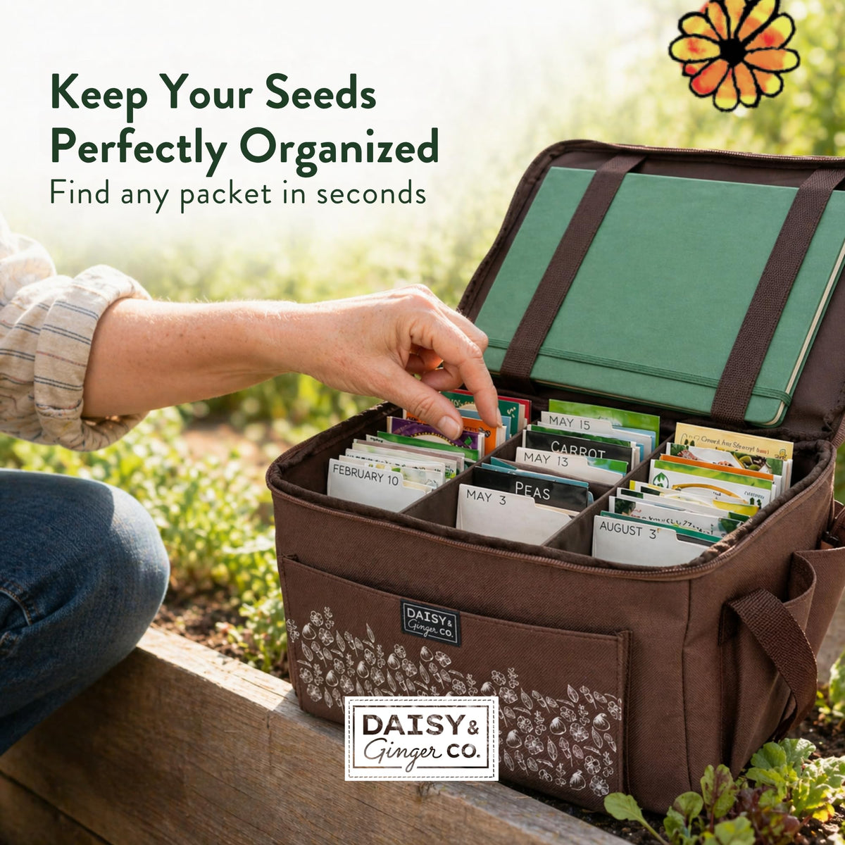 Daisy and Ginger seed storage tote bag bottom is water-resistant for outdoor use.