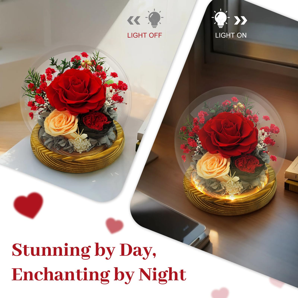 DAKEYUN preserved rose dome as bedroom decor adding romantic ambiance.