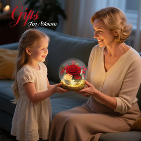 DAKEYUN preserved rose in glass dome viewed from side, enduring beauty on display.