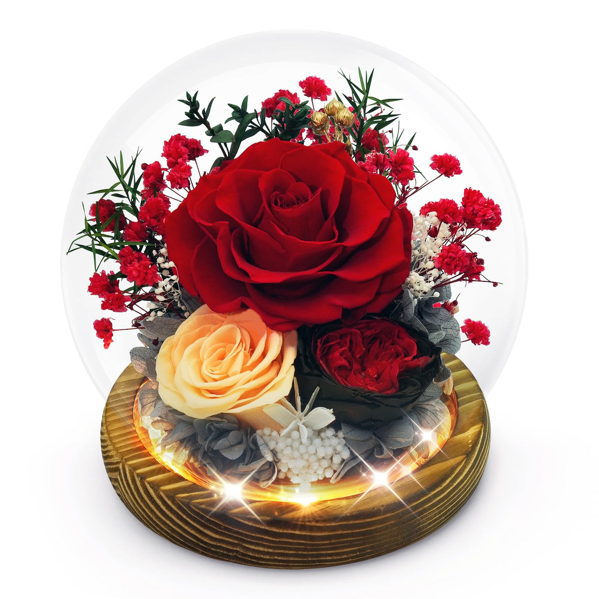 DAKEYUN preserved rose in glass dome with wood base, timeless display for any room.