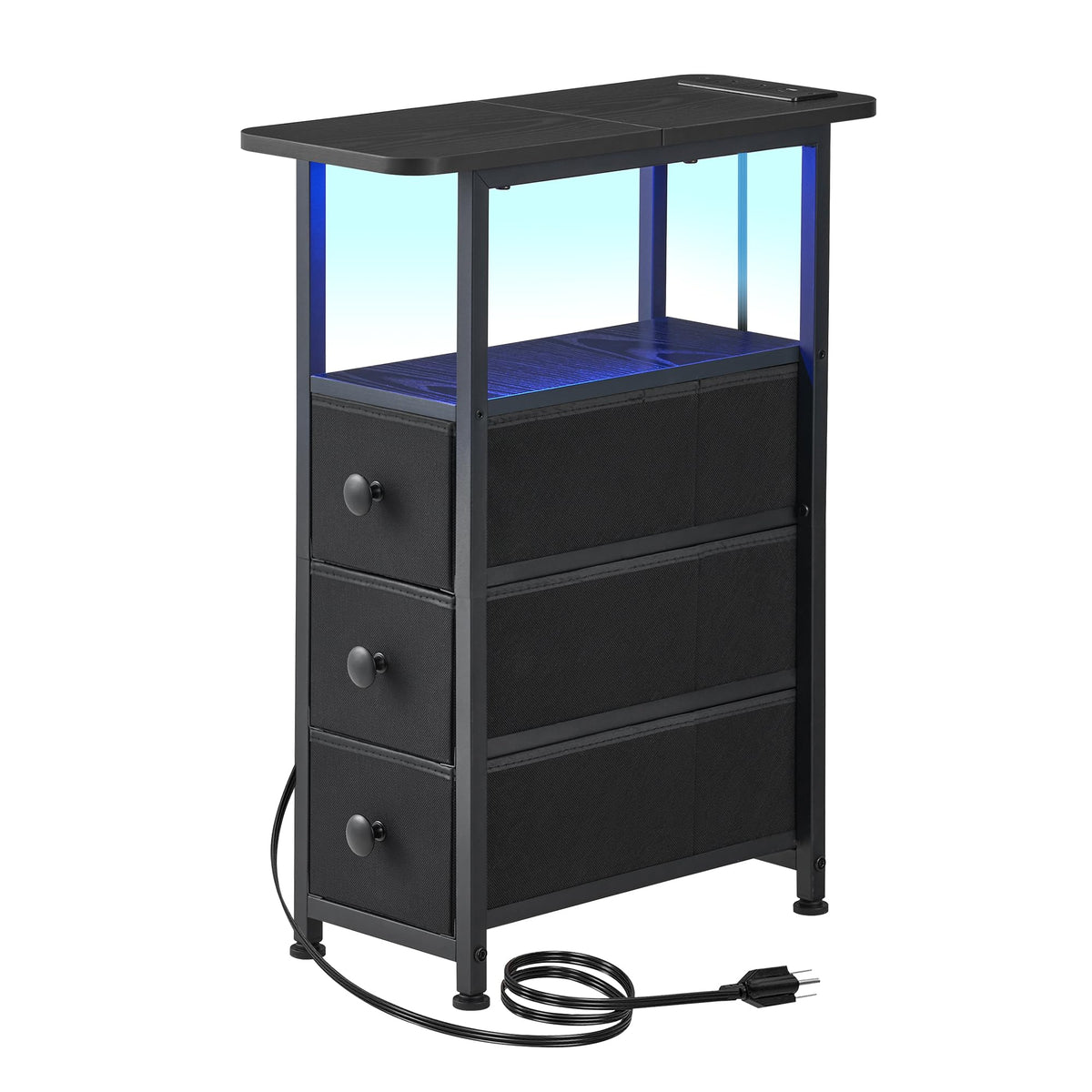 DALEMHOME narrow end table with charging station, keeping bedside devices powered.