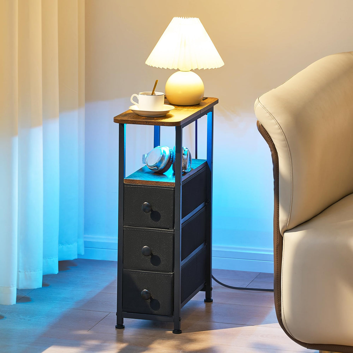 DALEMHOME slim end table with two drawers and two open shelves for compact storage