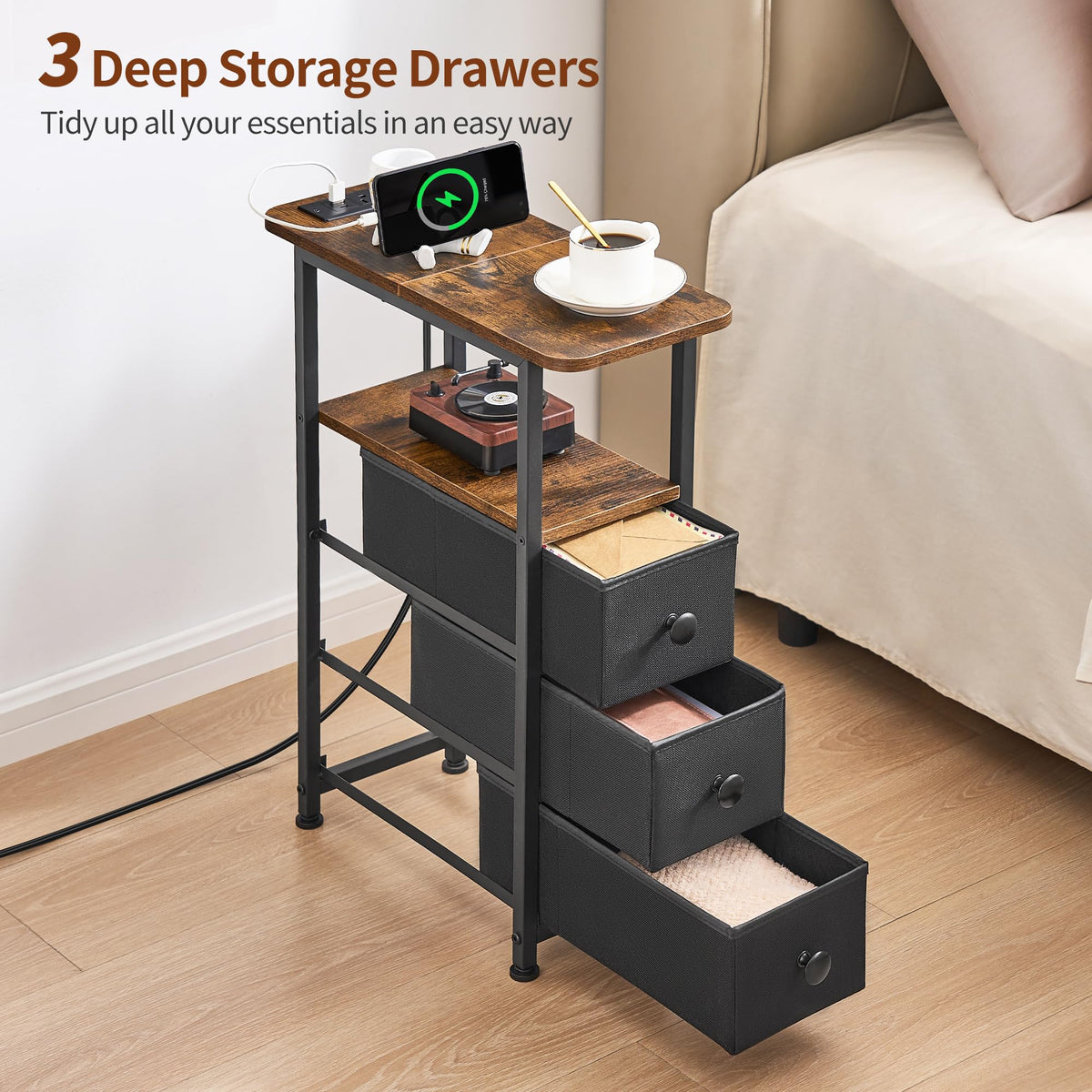 DALEMHOME easy-assembly skinny nightstand with labeled parts and tools included