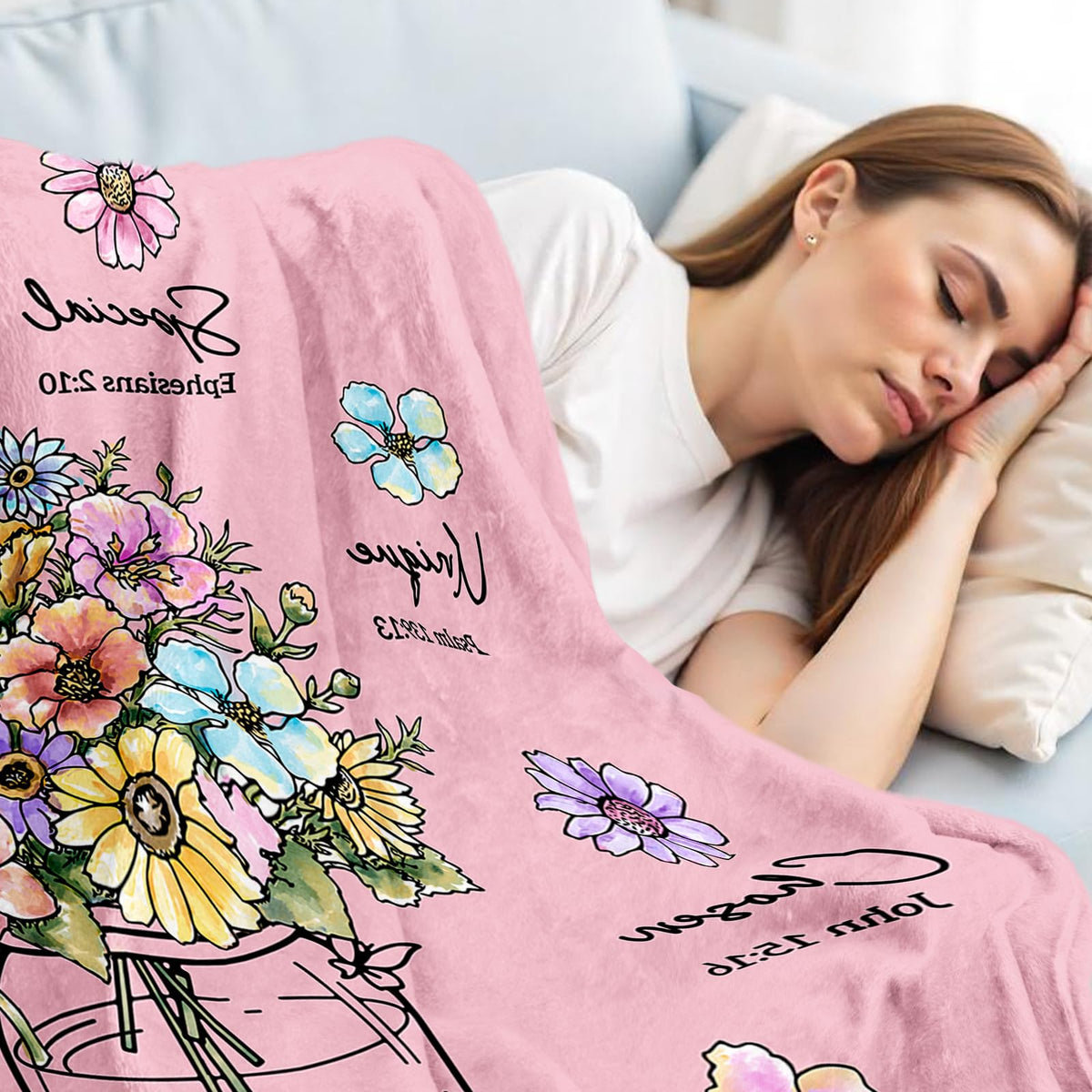 Damaigiift blanket shows 12 flowers with scriptures for daily inspiration