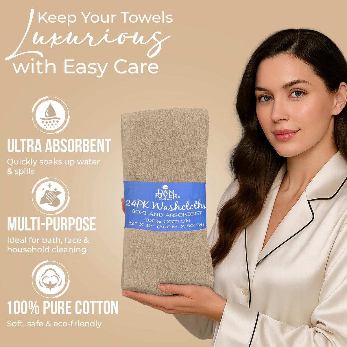 DAN RIVER absorbent face cloth highlights sturdy weave for cleansing.
