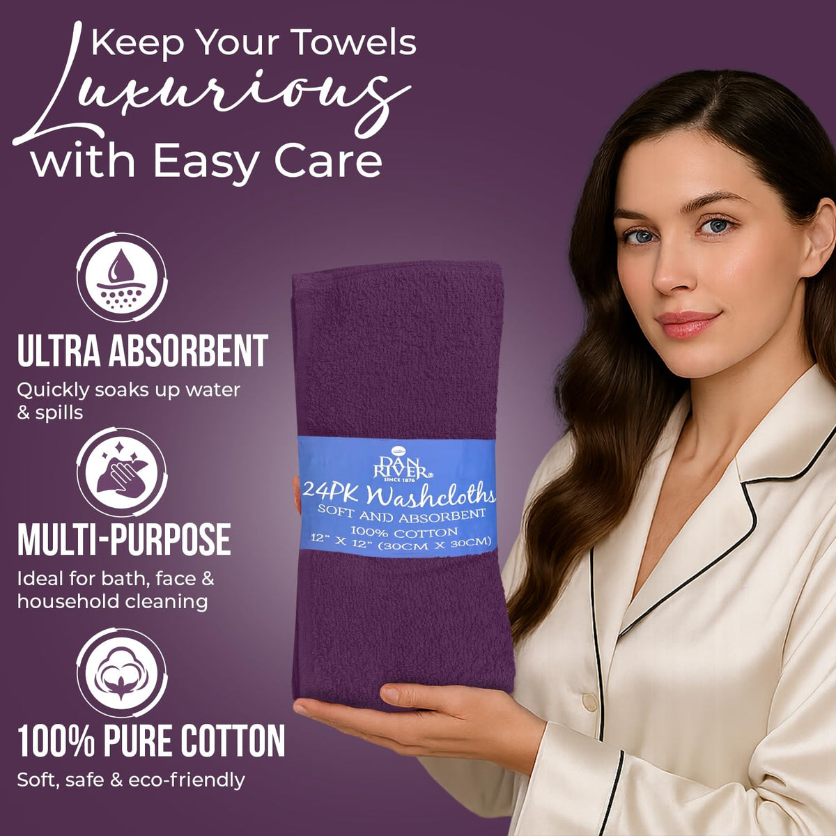 DAN RIVER wash cloths 12x12 inch size ideal for face and bath.