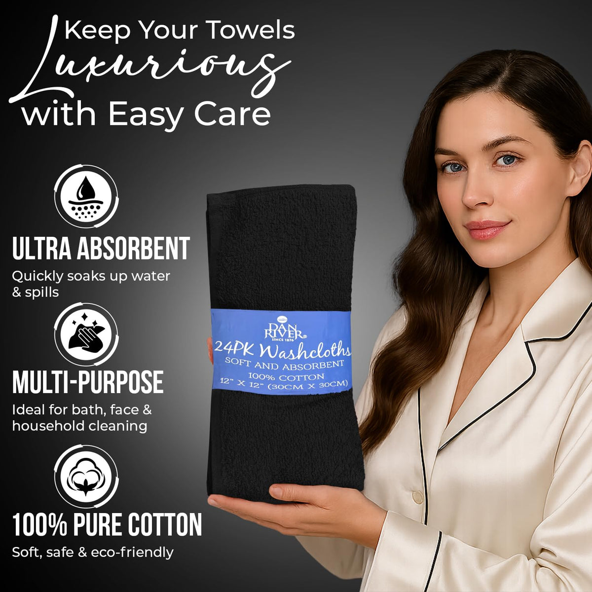 DAN RIVER bathroom scene with black wash cloths in use.