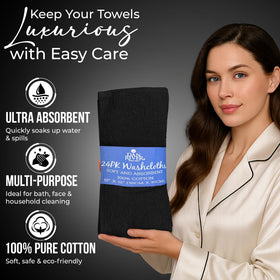 DAN RIVER bathroom scene with black wash cloths in use.