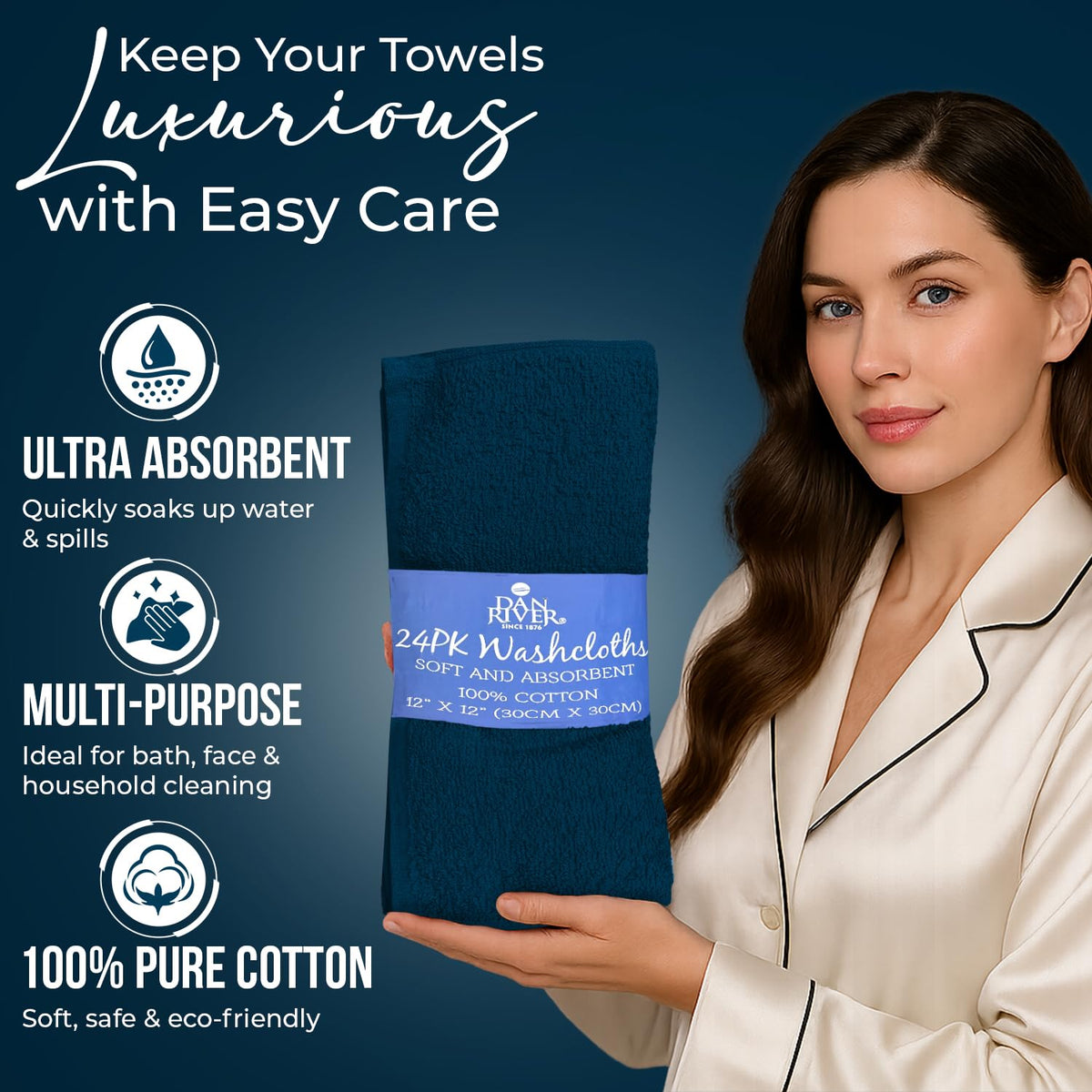 DAN RIVER thick absorbent cloth suitable for bath and shower routines.