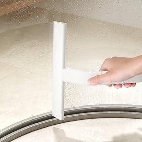 dancemoon JustHang compact squeegee cleans bathroom mirrors with ease.