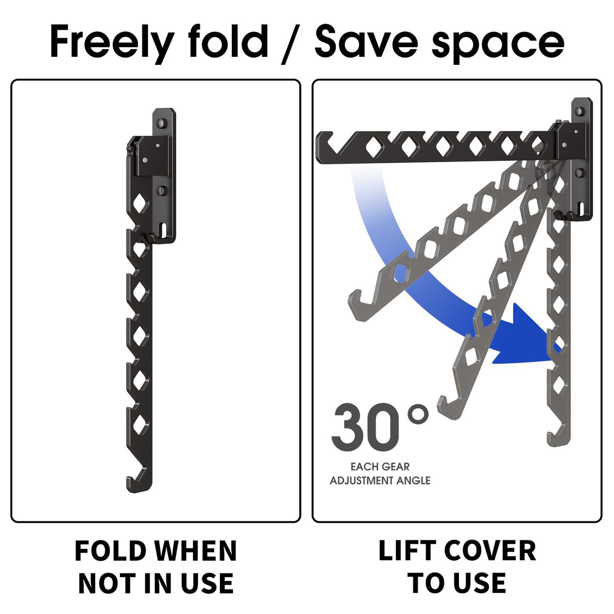 Dancrul folding rack shown in folded 90-degree position saves space
