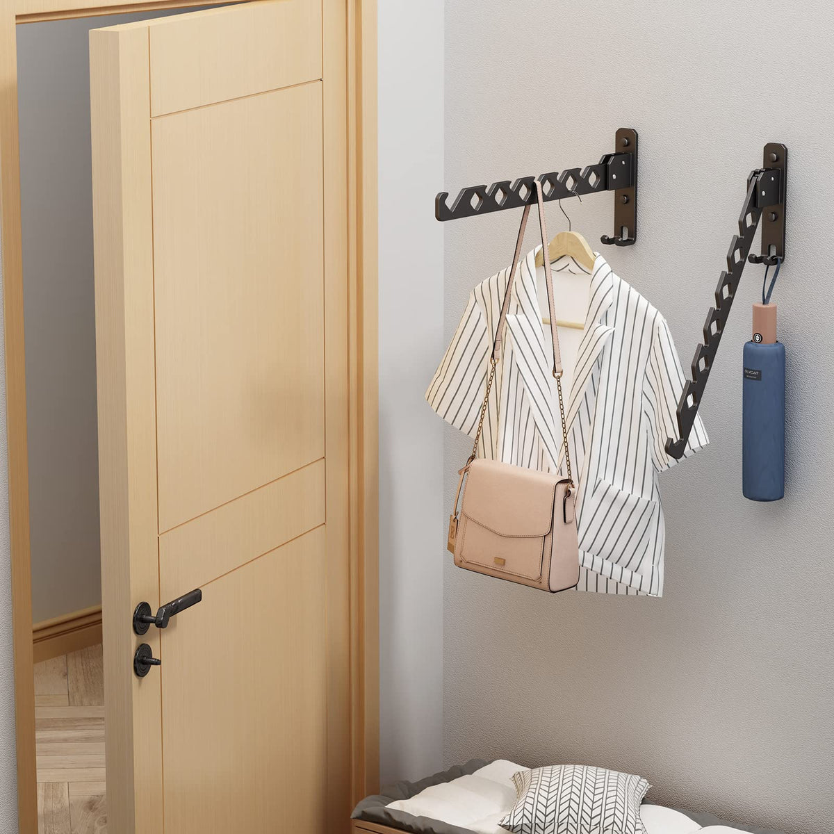 Dancrul rack mounted near closet keeps outfits organized and accessible