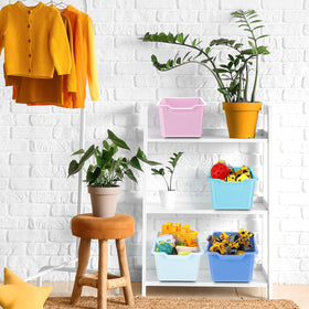 Dandat pastel bins brighten classrooms, keeping items visible for quick cleanup.