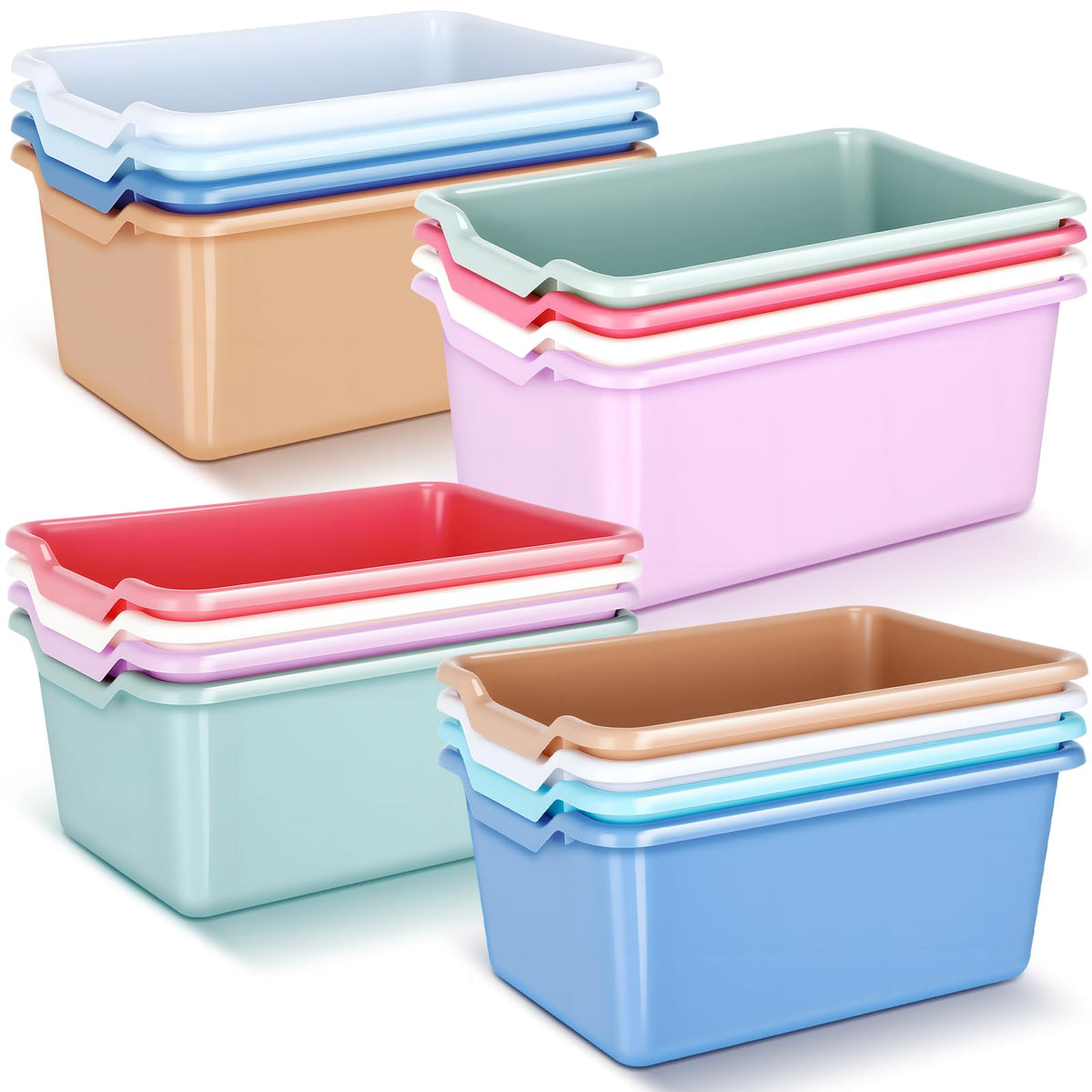 Dandat 16-pc plastic book bins with front scoop design for easy access and clean shelves.