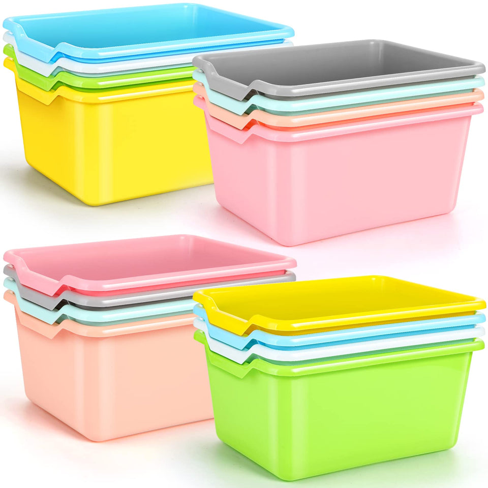 Dandat 16-pcs plastic book bins front view for easy access and neat shelves.
