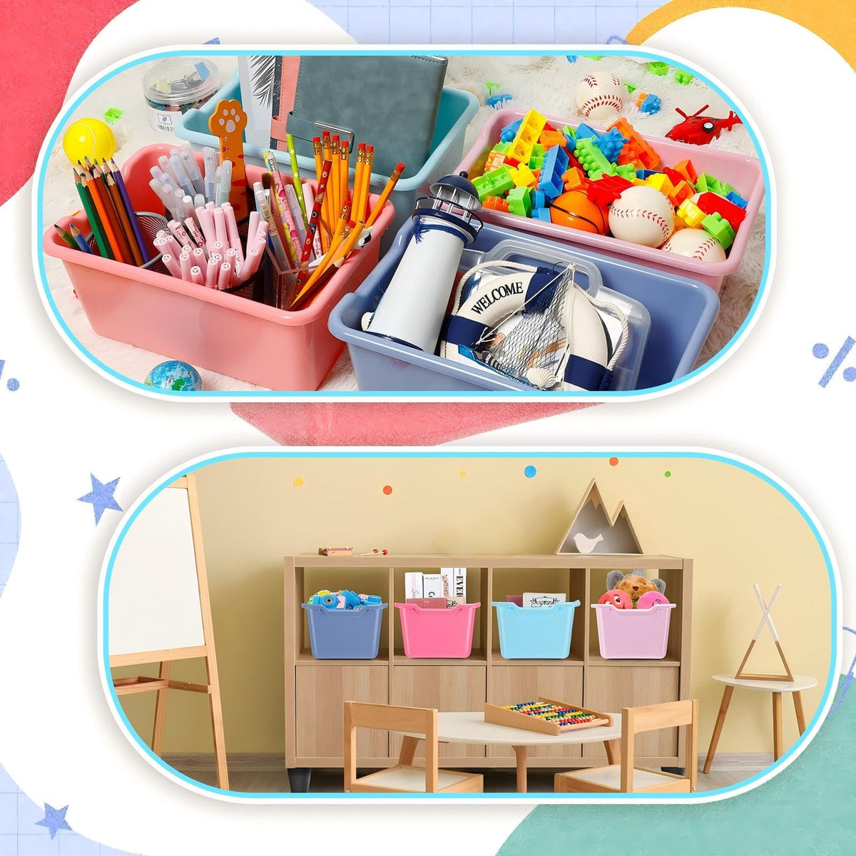 Dandat multipurpose bins store toys, books, crafts, snacks, or stationery for versatile use.