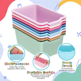Dandat pastel-colored bins brighten shelves and encourage sorting and returning items.