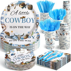 Dandat cowboy baby shower 9-inch plates coordinate blues for easy serving.