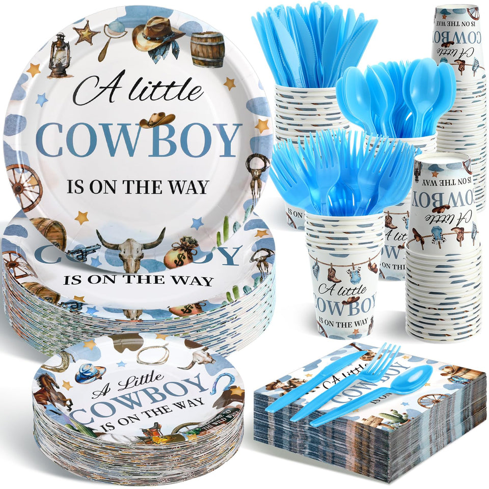 Dandat cowboy baby shower 9-inch plates coordinate blues for easy serving.