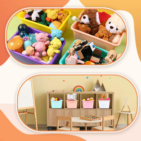 Dandat multicolor classroom bins keep books and toys neatly organized.