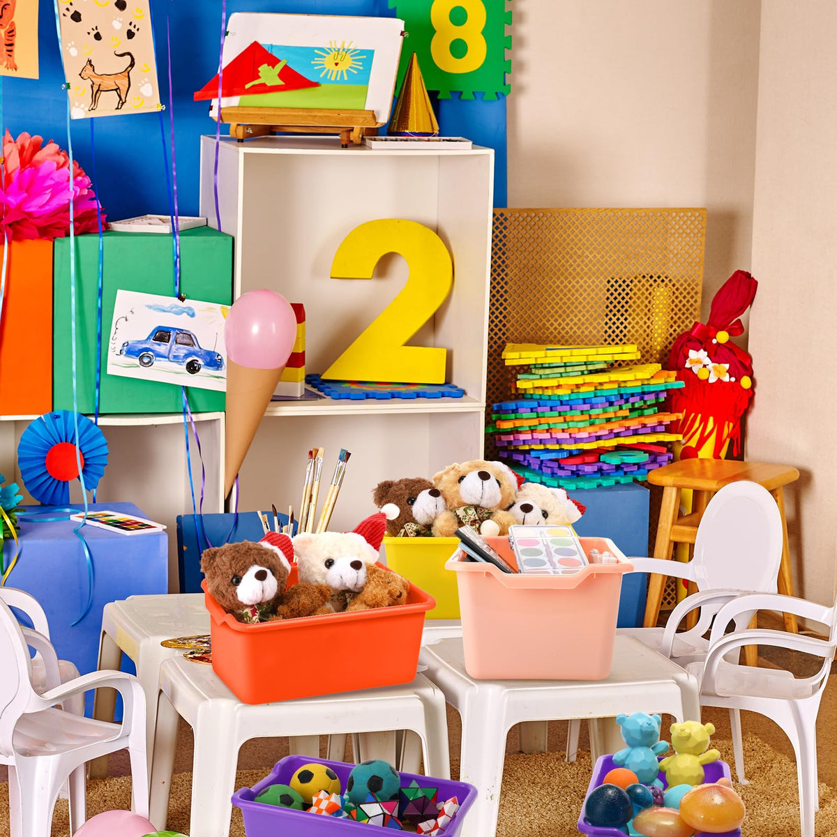 Dandat color assortment bins suit home, daycare, and school settings.