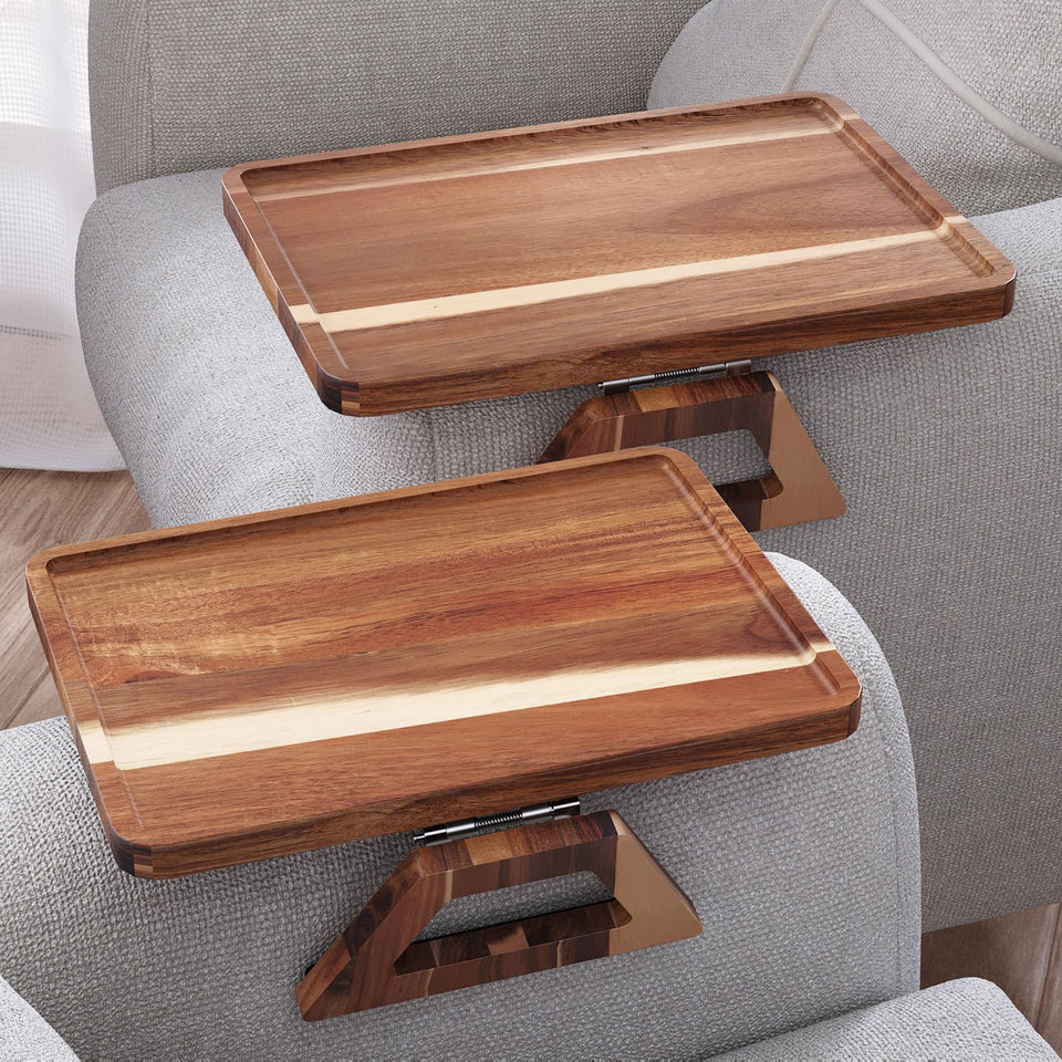 Danfoxer acacia wood couch arm tray with adjustable fit for secure on-arm comfort.