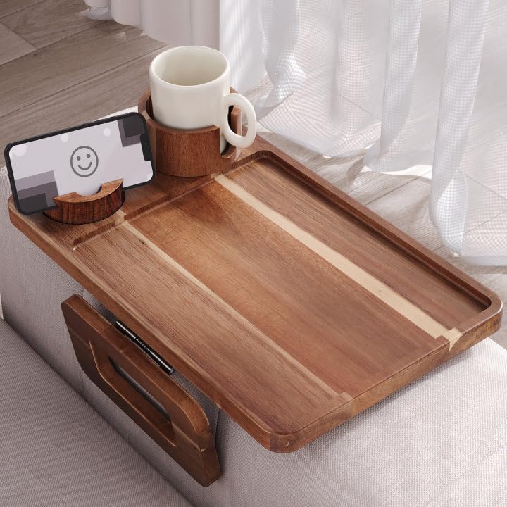 Danfoxer acacia wood couch arm tray with natural finish for organized beverages and snacks.