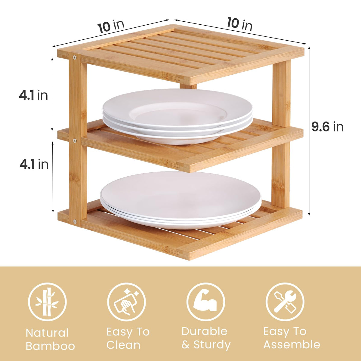 Danfoxer bamboo corner shelf plate storage enhances cabinet organization.