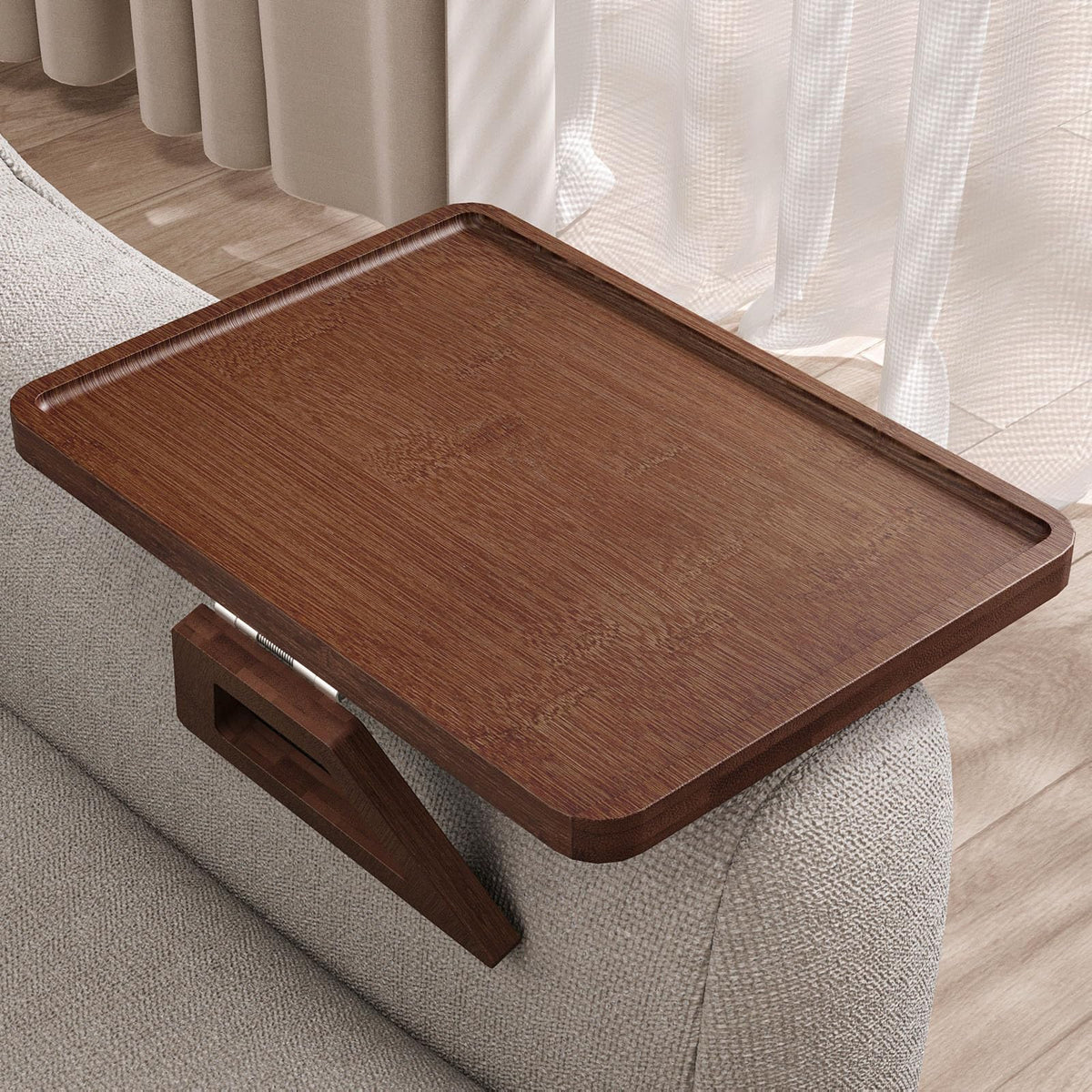Danfoxer bamboo couch arm tray with adjustable clip fits many sofa arms securely.