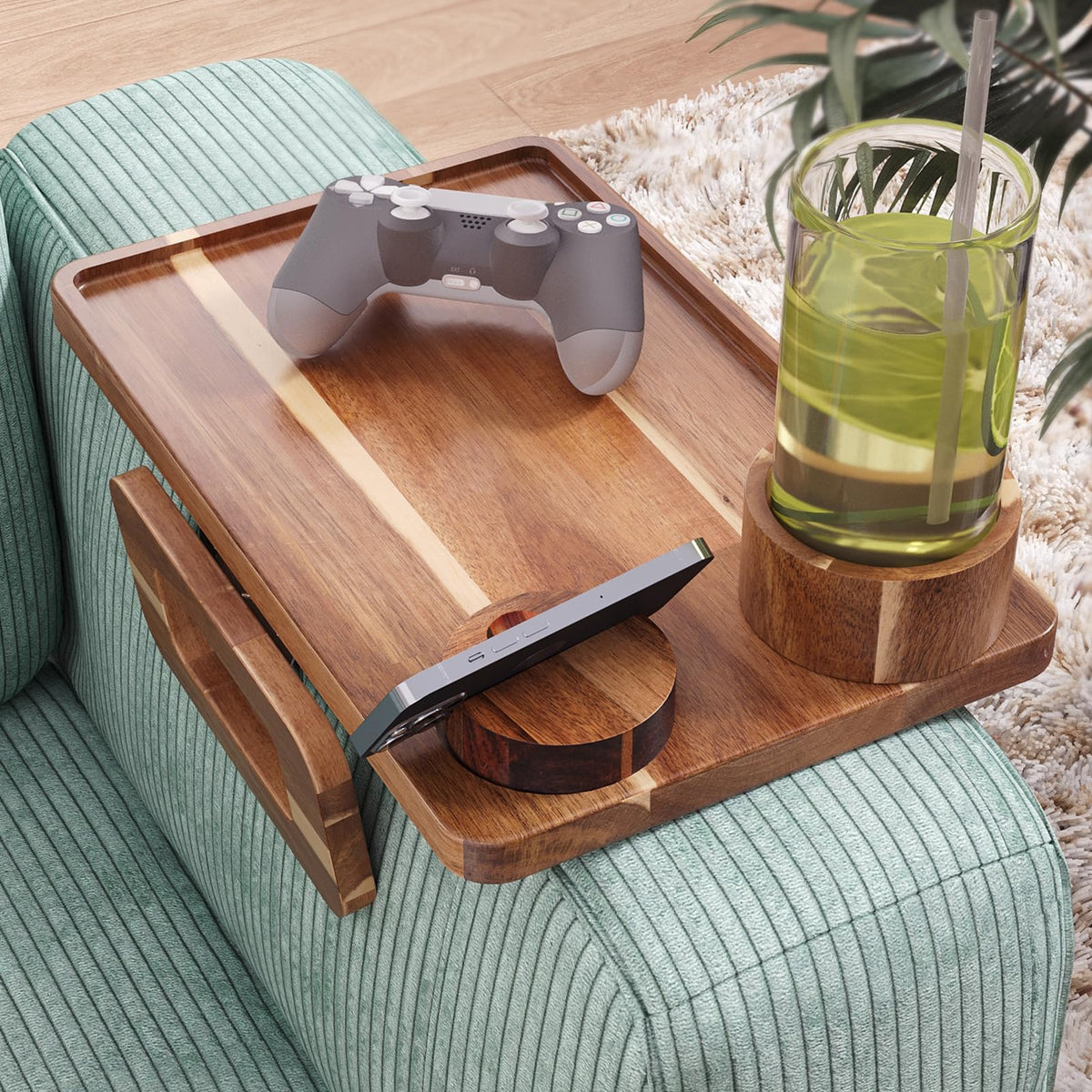 Danfoxer clip-on arm tray securely attaches to sofa armrests.