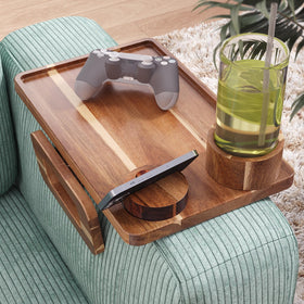 Danfoxer clip-on arm tray securely attaches to sofa armrests.